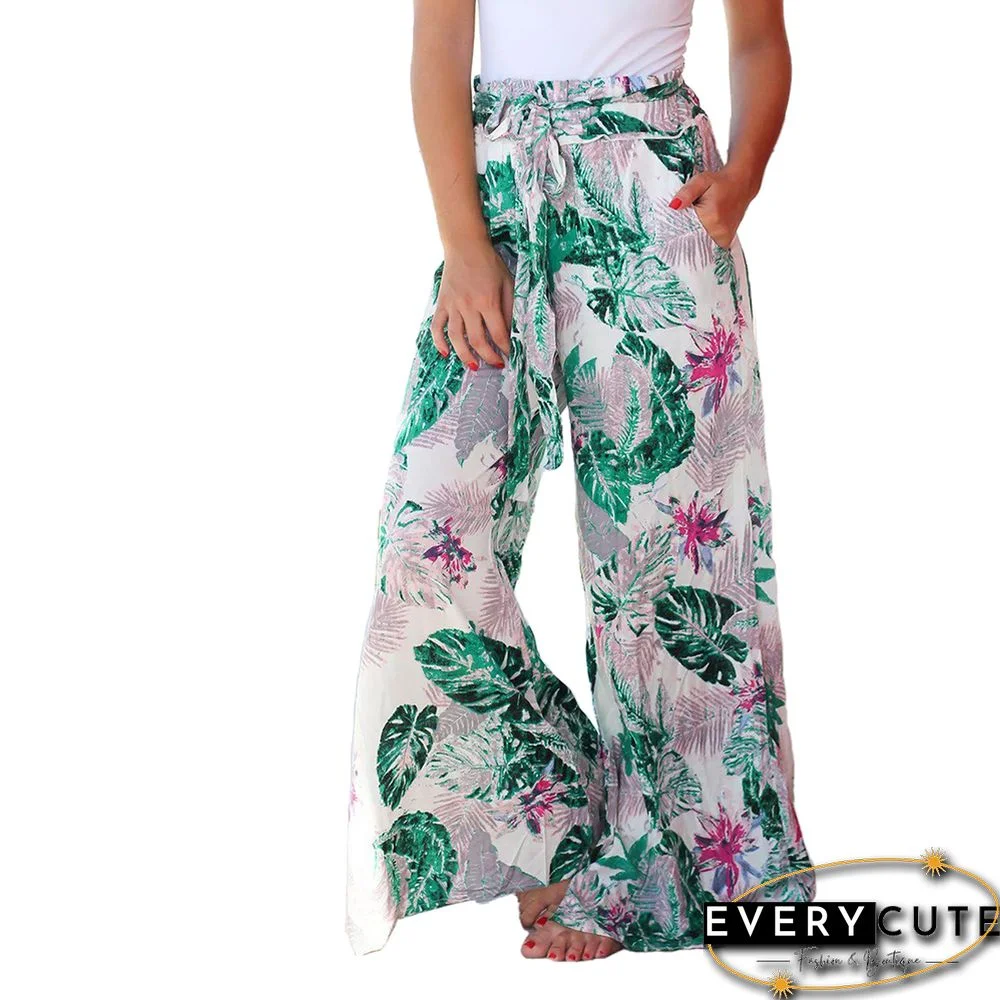 White Lace-up Pocket Wide Leg Boho Pants