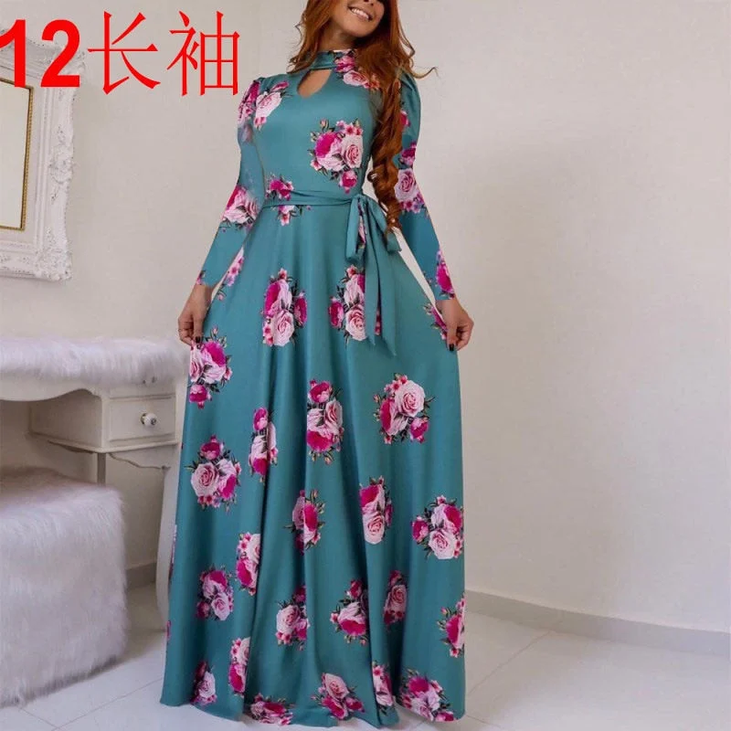 2021 Spring Autumn Bohemia Flower Print Women's Dress Cuasla Hollow Out Long Sleeve Maxi Dresses Fashion Tunic Party Dress Vesti