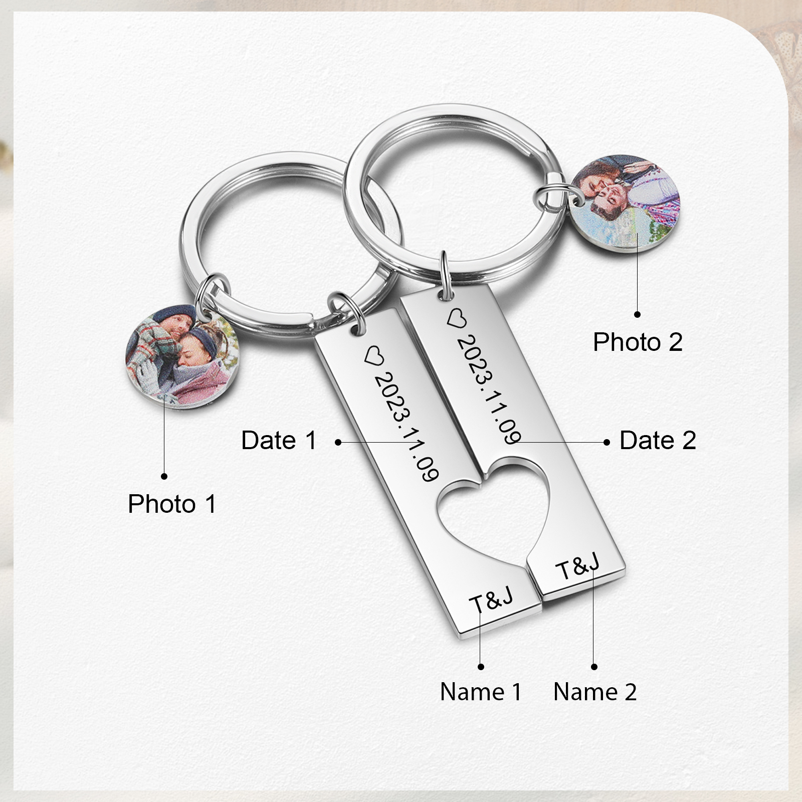 Personalised Couple Keychain Custom 2 Names & 2 Dates & 2 Photos Keyring Matching Couple Gifts Valentine's Day Gift for Him/Her-Jessemade AU