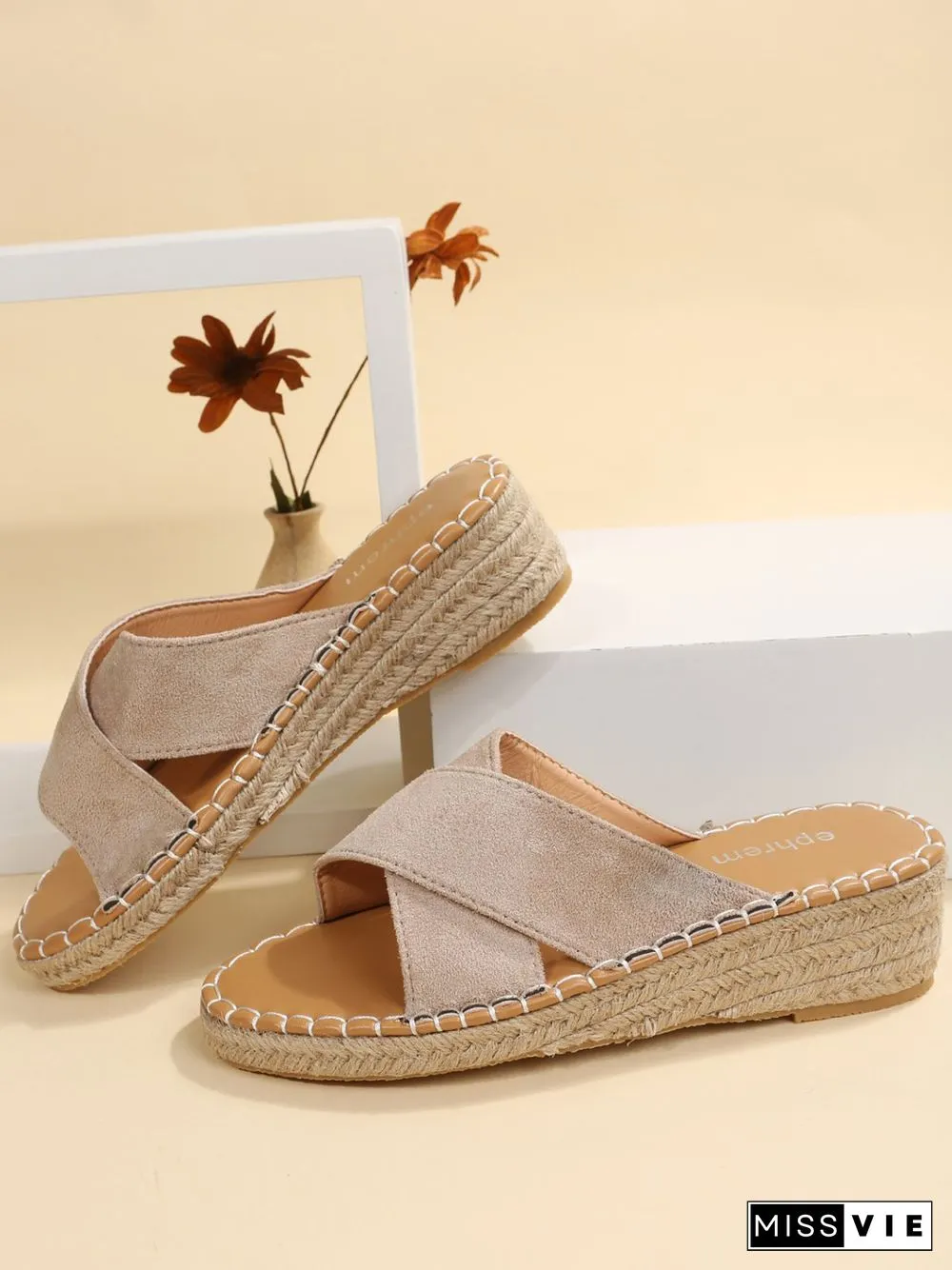Faux Suede Cross Strap Straw Wedge Slides