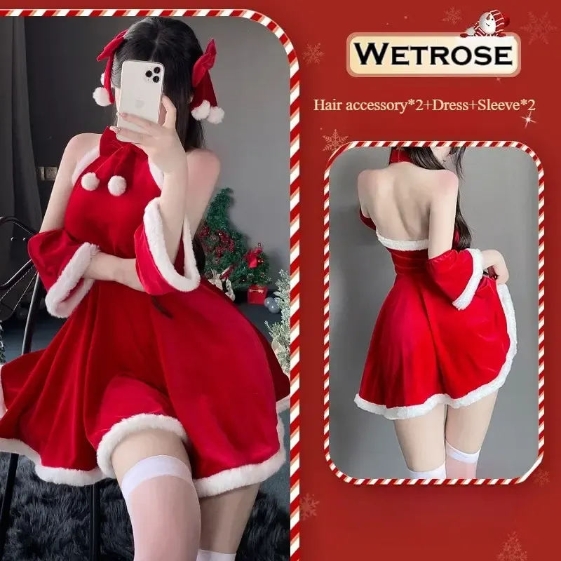 [Wetrose] In Stock Christmas Santa Halter Velvet White Fur Trim Dress Party Outfit Cosplay Costume Xmas