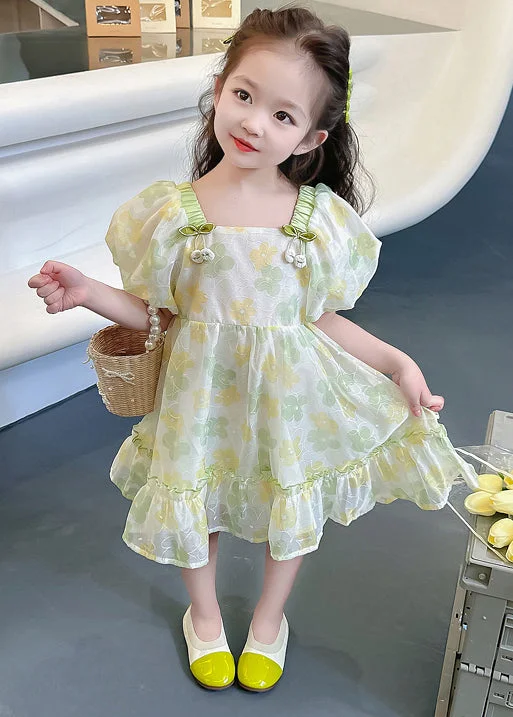 Green Print Cotton Girls Dresses Square Collar Short Sleeve