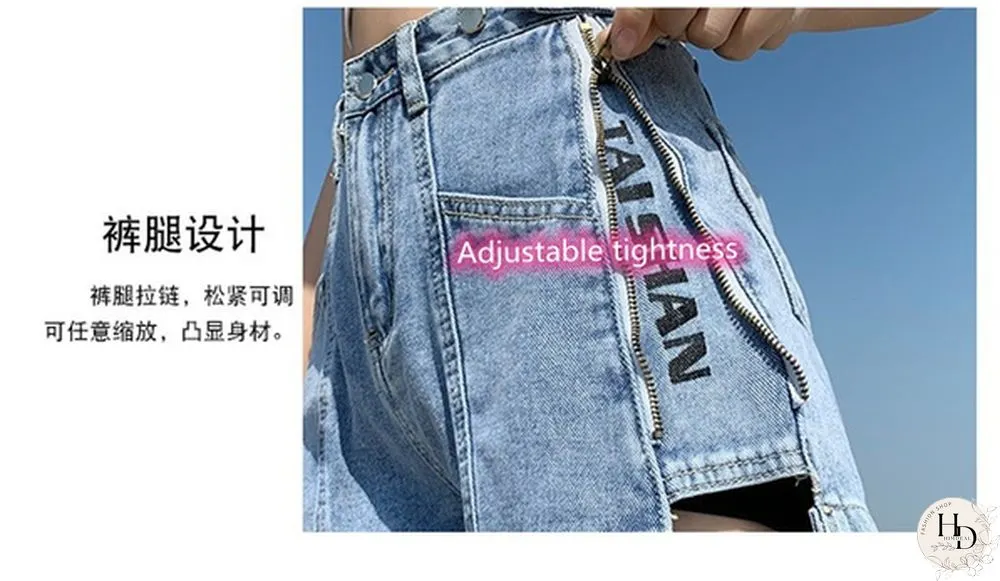 Women's Denim Shorts zipper slit stretch adjustable summer relaxed NEW