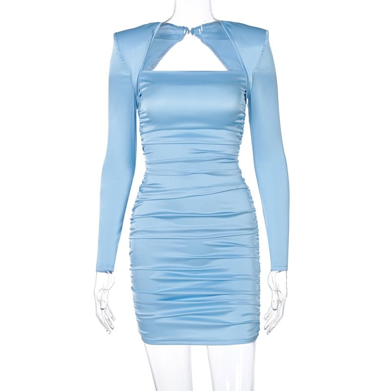 Dulzura Stain Women Long Sleeve Mini Dress Shoulder Pad Hollow Out Backless Ruched Elegant Bodycon Sexy Party 2020 Autumn Winter
