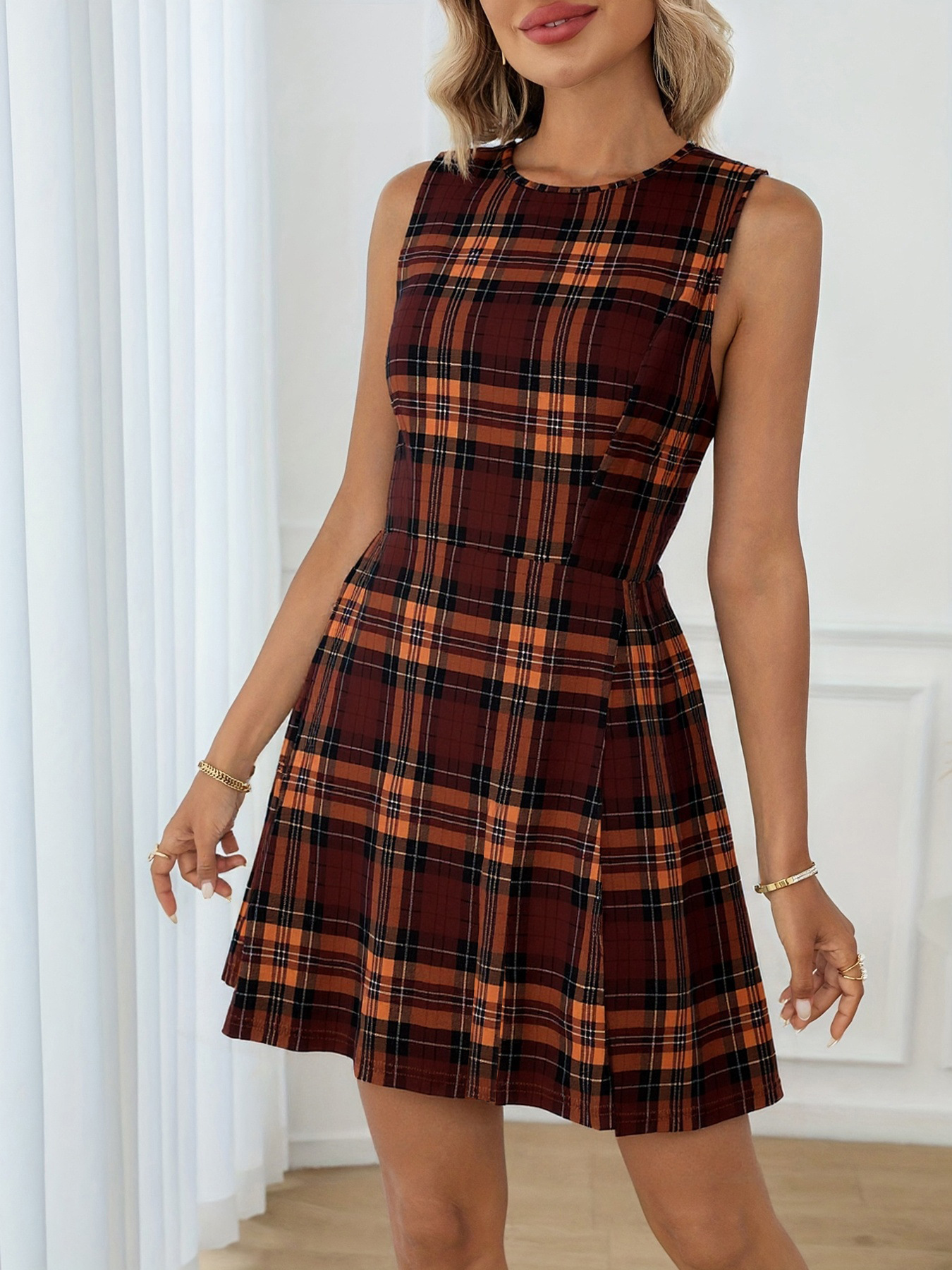 Women Plaid Sleeveless Mini Dress