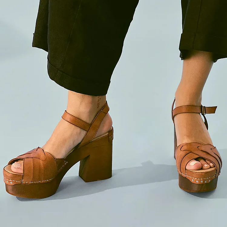 Brown Platform Chunky Heels Women'S Peep Toe Buckle Shoes Vintage Sandals |FSJ Shoes