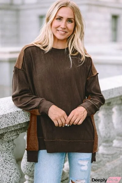 Ribbed Exposed Seam Dropped Shoulder Blouse