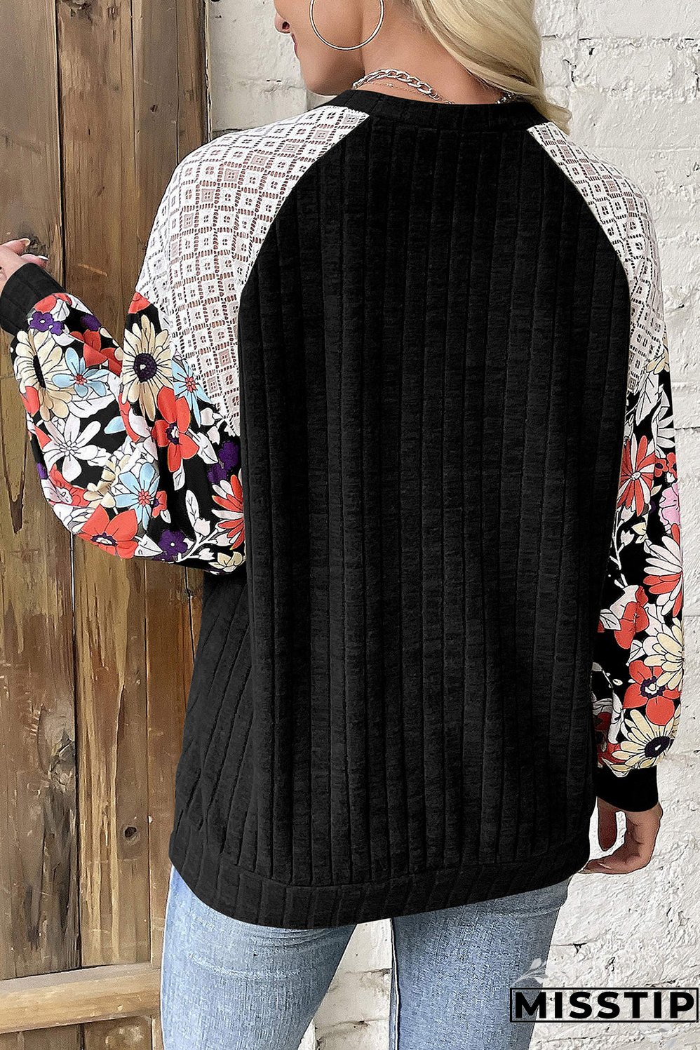 Black Floral Patchwork Long Sleeve Ribbed Blouse