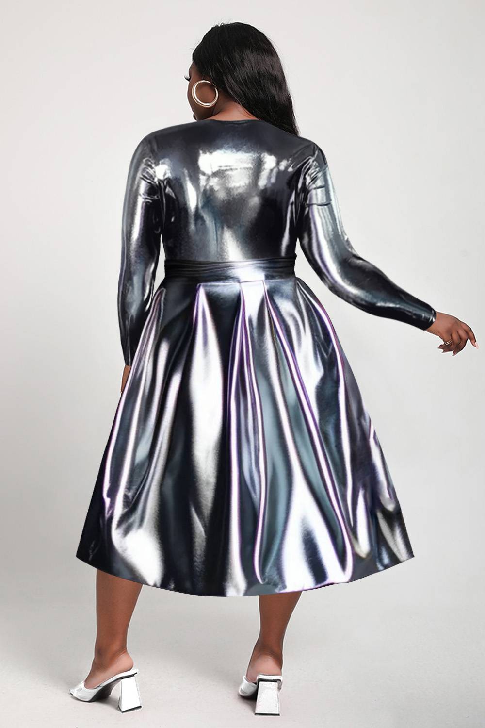 Design Plus Size Daily Midi Dresses Casual Silver Fall Winter Crew Neck Long Sleeve Metallic Glitter Fabric Midi Dresses