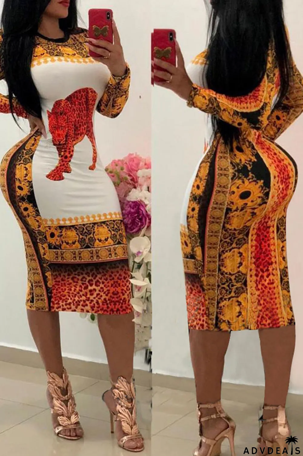 White Casual Printed Knitting Mid Calf Dress