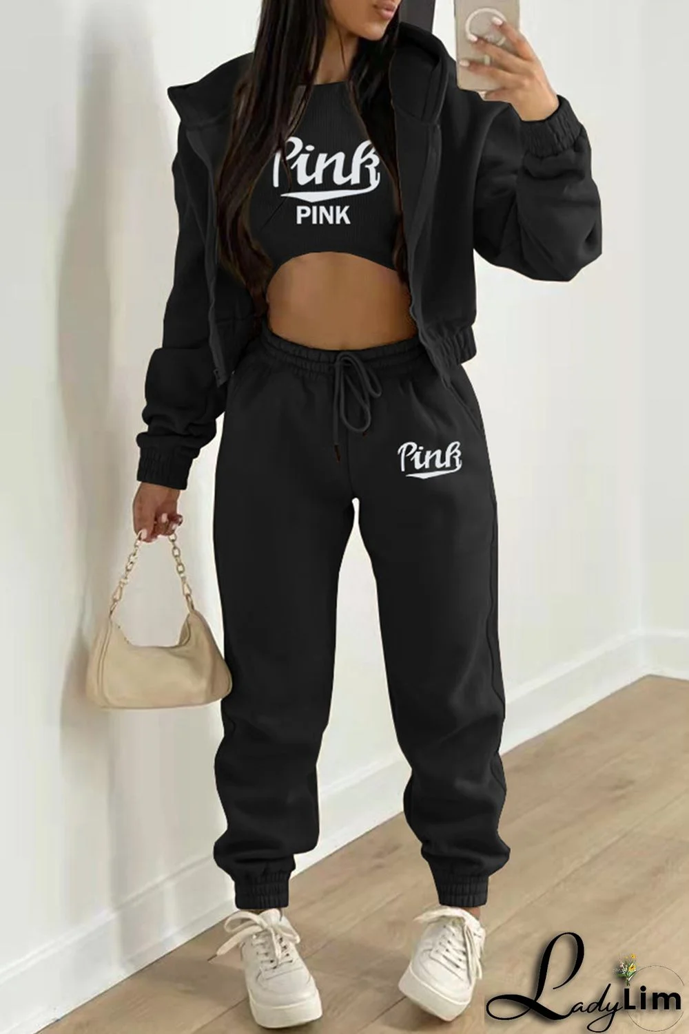 Black Fashion Casual Letter Print Cardigan Vests Pants Hooded Collar Long Sleeve Three-piece Set