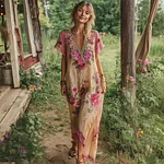 Boho Ethnic Floral Embroidery Women's Linen Short Sleeve Maxi Dress - Image 3