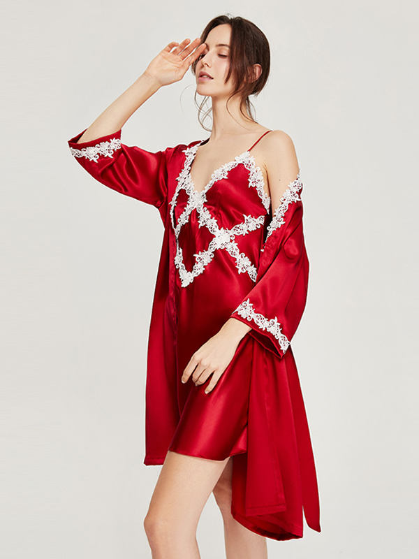 Spring Summer Lacey Embroidered Silk Robe Set