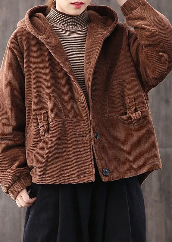 Coffee Thick Fine Cotton Filled Corduroy Hooded Coat Winter