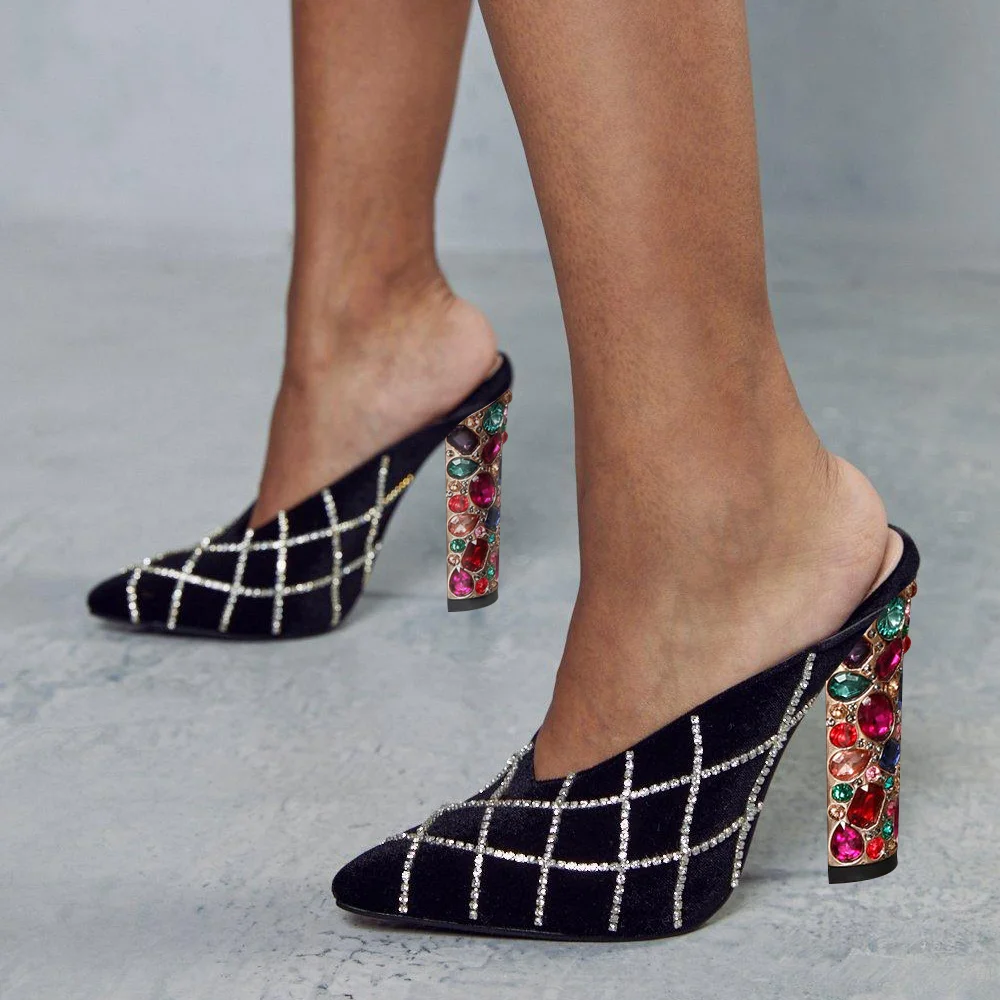 Pointed Toe Suede Glitter Mules Women's Classic Decorative Heel Party Mules Nicepairs