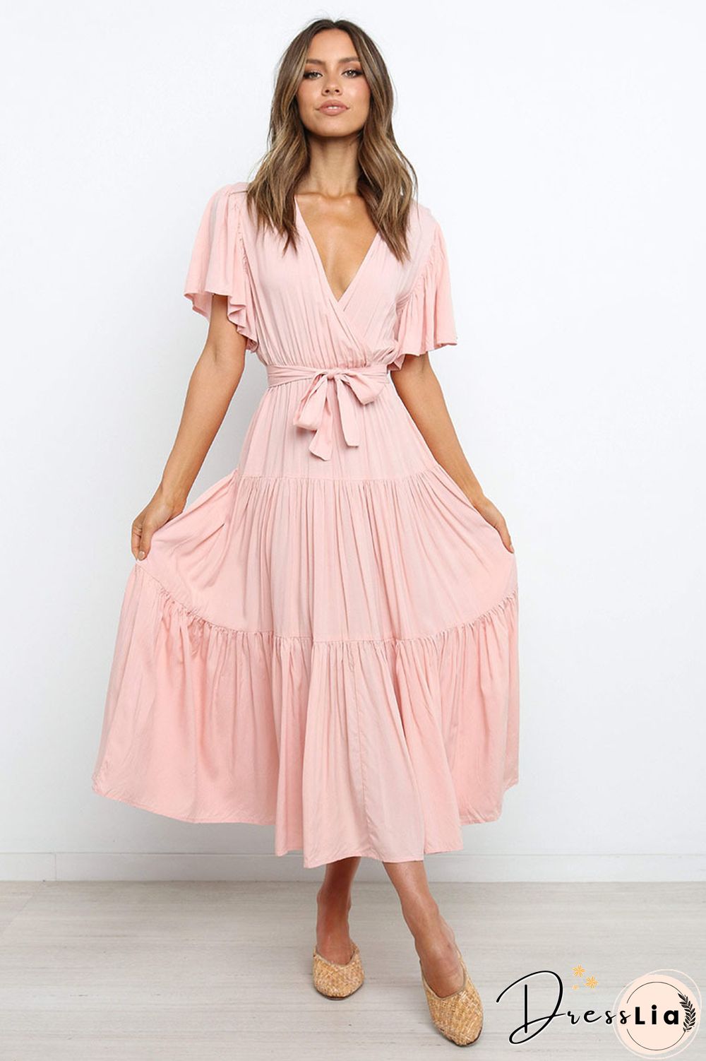 Boho Beach Vacation Summer Women Dresses New Solid V-Neck Short Ruffle Sleeve Lace-up Swing High Waist A-line Long Dress