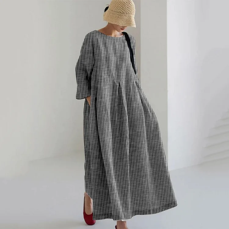 Comstylish Retro Striped Pocket Casual Cotton And Linen Round Neck Long Dress