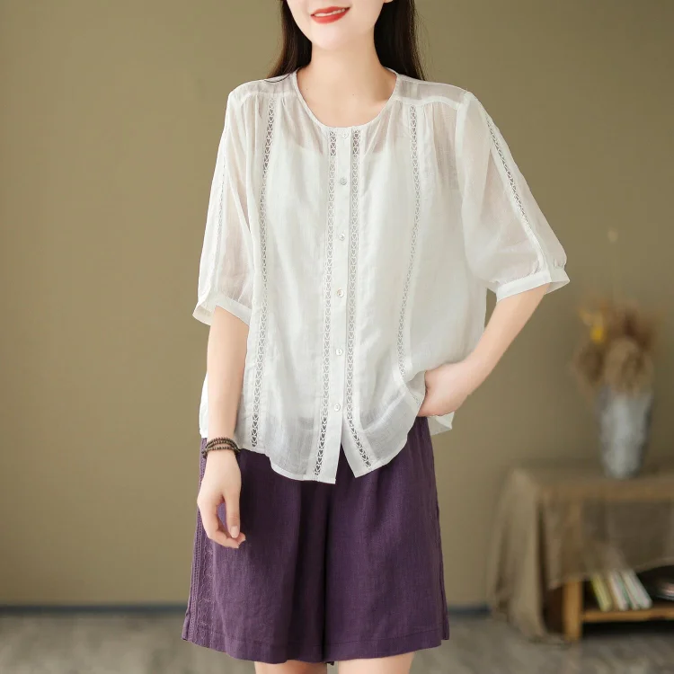 Women Summer Linen Patchwork Casual Blouse