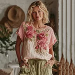 Women's Vintage Rose Floral Gradient Art Linen Comfy T-shirt - Image 2