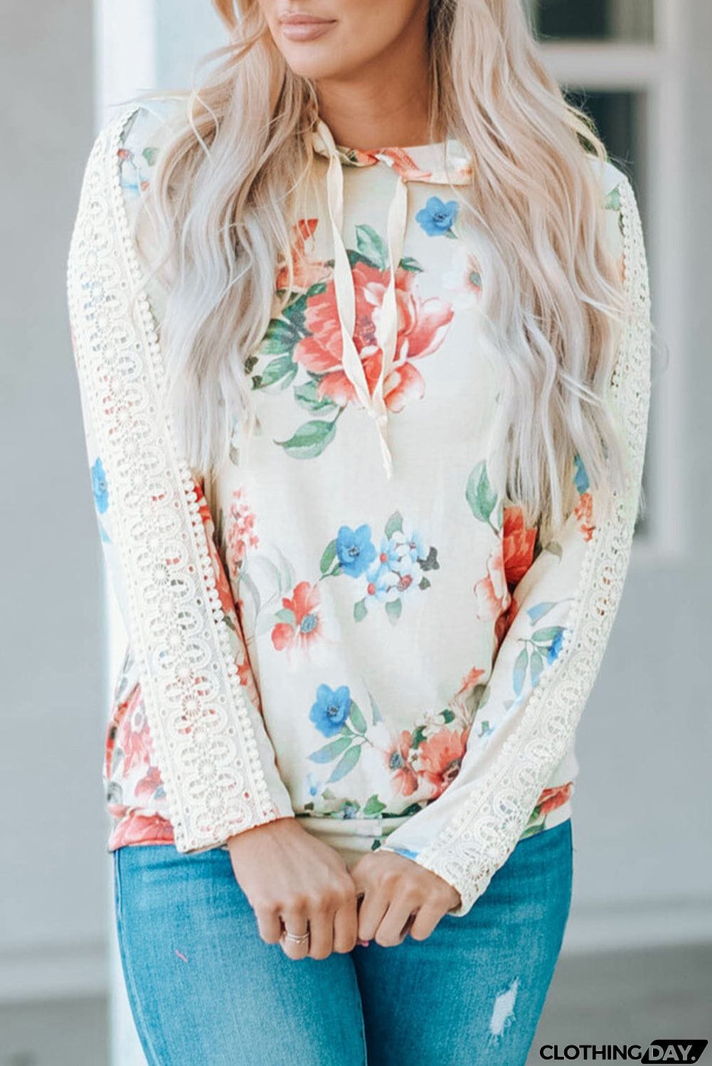 Apricot Floral Print Lace Contrast Long Sleeve Hoodie