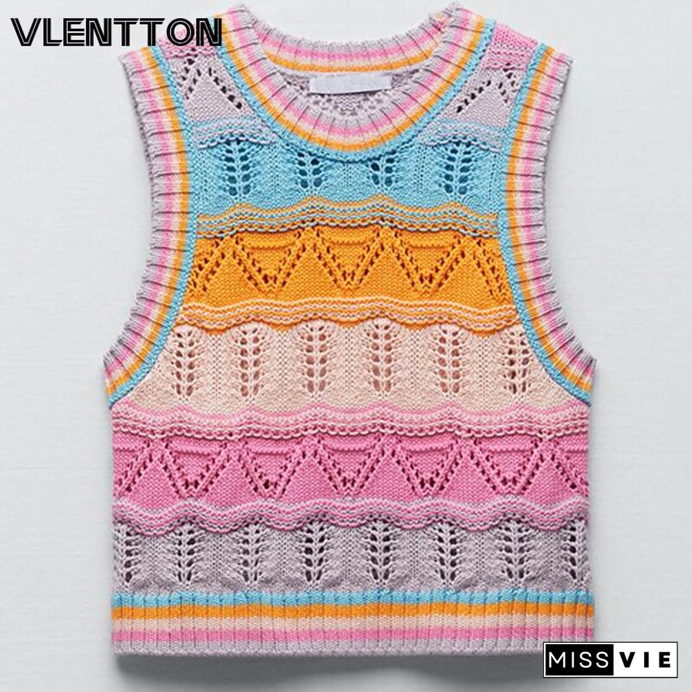 New Women Sweet Fashion Rainbow Striped Crochet Top Vest Sweater Female Retro O-neck Sleeveless Chic Casual Top