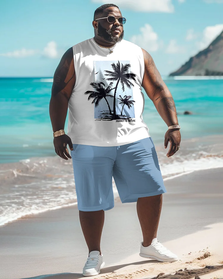Men's Plus Size Hawaiian Plant Print Tank Shorts Suit