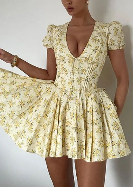 French Yellow V Neck Puff Sleeve Print Patchwork Cotton Dress