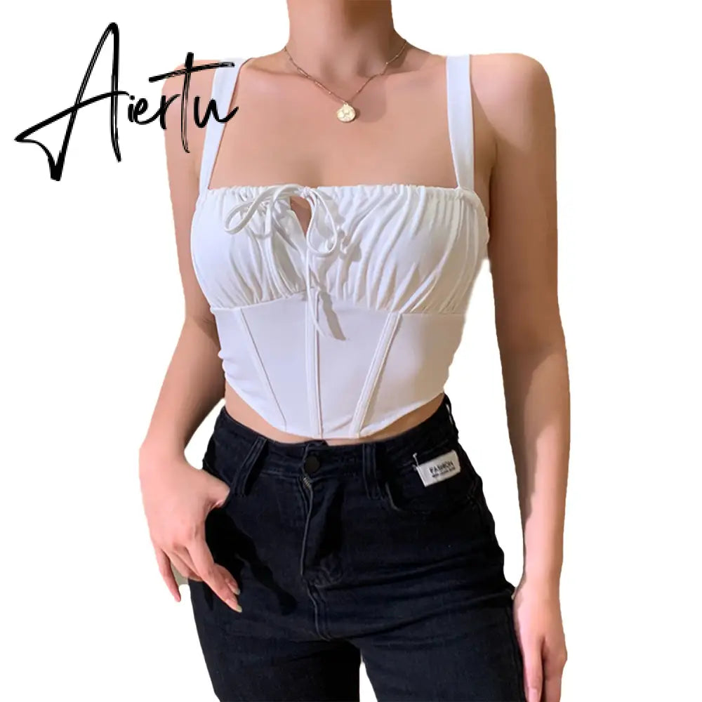 Aiertu  Women Summer Milkmaid Crop Tops Tanks Summer White Ruched Bow Slim Camis Ladies Wide Strap Tees Skinny Femme Camisole S M L Aiertu