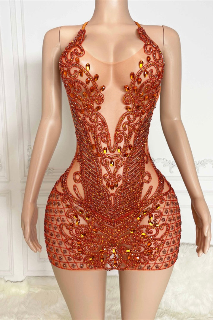 Bellasprom Burnt Orange Halter Short Prom Dresses Sleeveless With Beadings Bellasprom