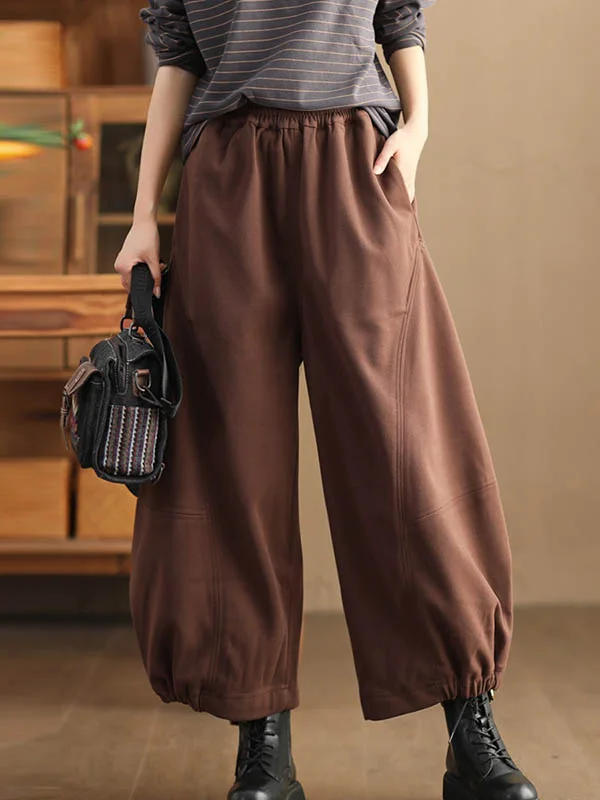 Solid Color Pleated Elasticity Drawstring Wide Leg Ninth Pants Trousers Pants