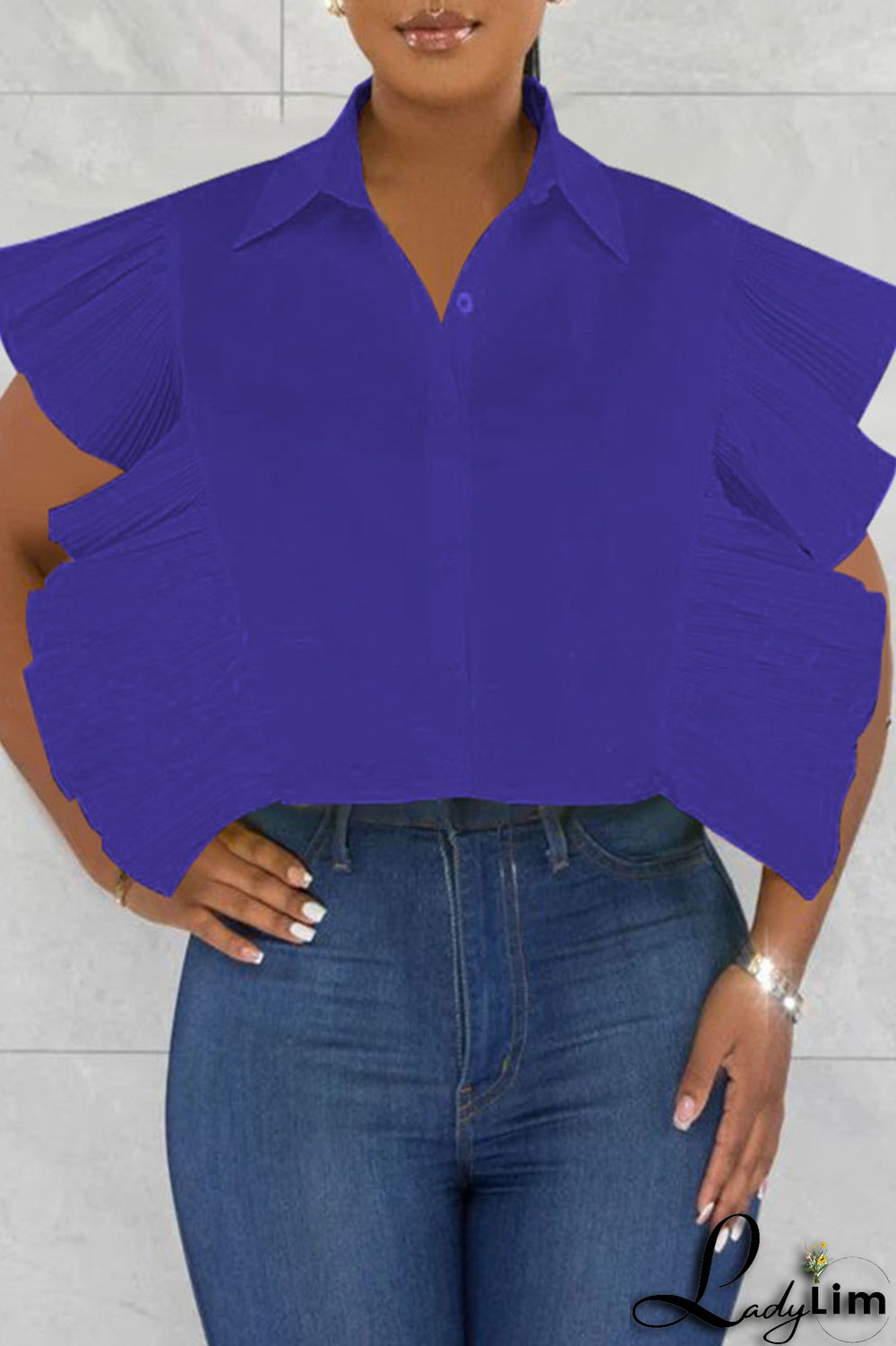 Rose Red Casual Solid Patchwork Buckle Flounce Turndown Collar Tops