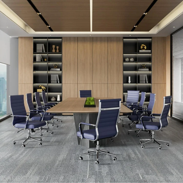 Navy Blue Office Desk Chair, Ergonomic Leather Modern Conference Room Chairs, Executive Ribbed Height Adjustable Swivel Rolling Chair for Home Office
