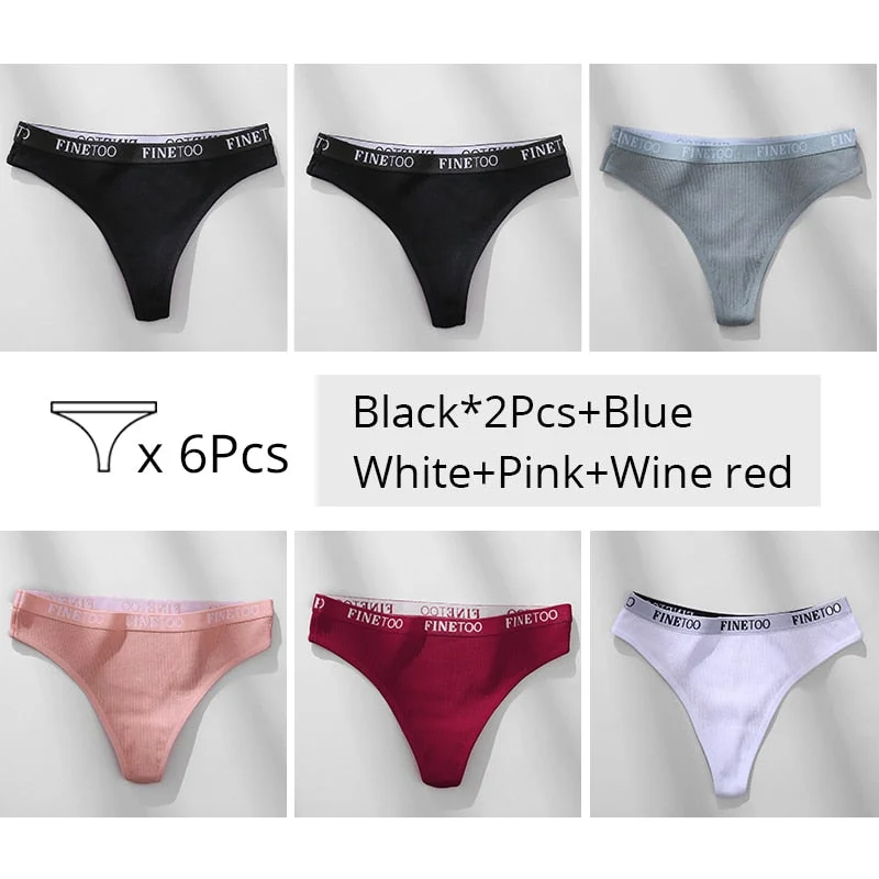 FINETOO Trendy Letter Thongs Cotton G-string Underwear M-XL Girls Bikini Underpants Comfortable Thong Panties 6Pcs Female Panty