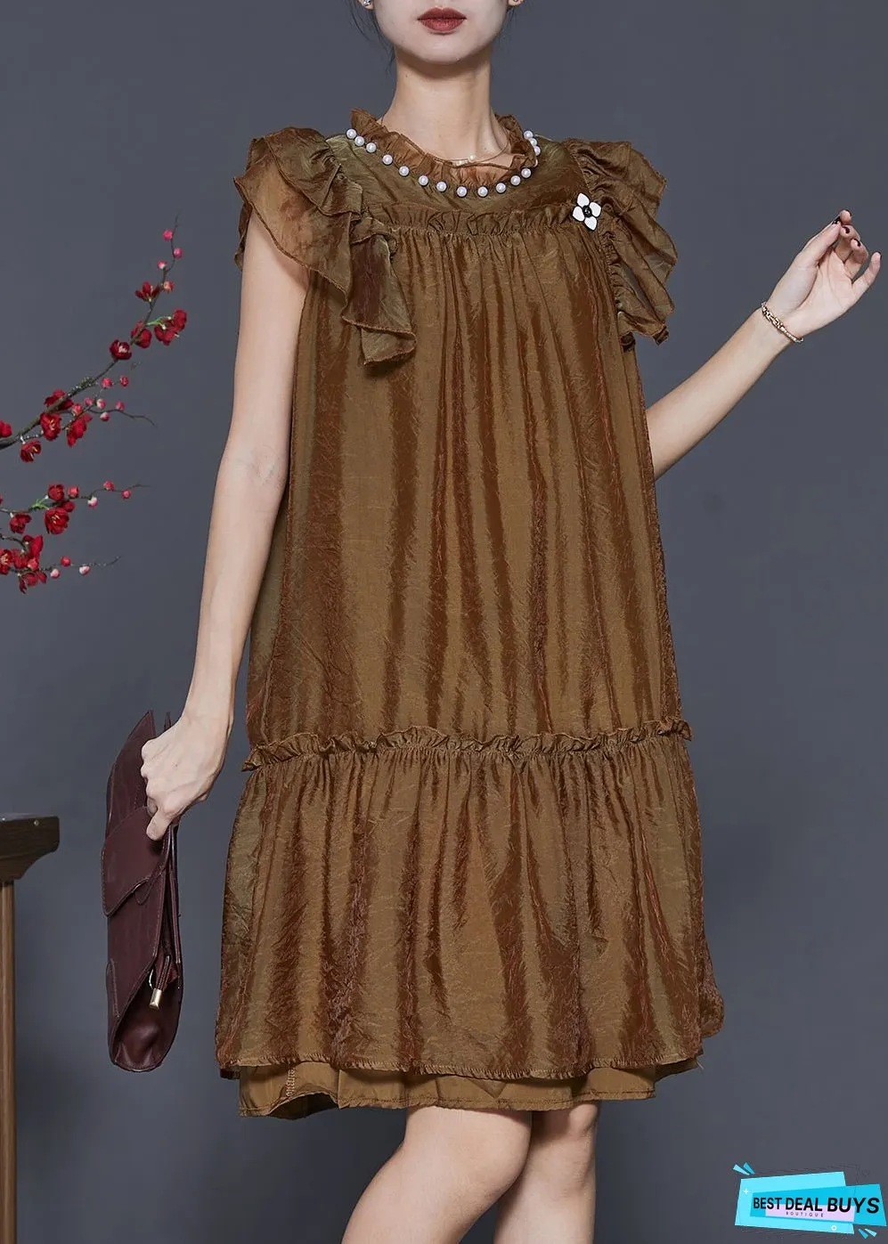Stylish Brown Nail Bead Ruffled Silk Vacation Dress Summer