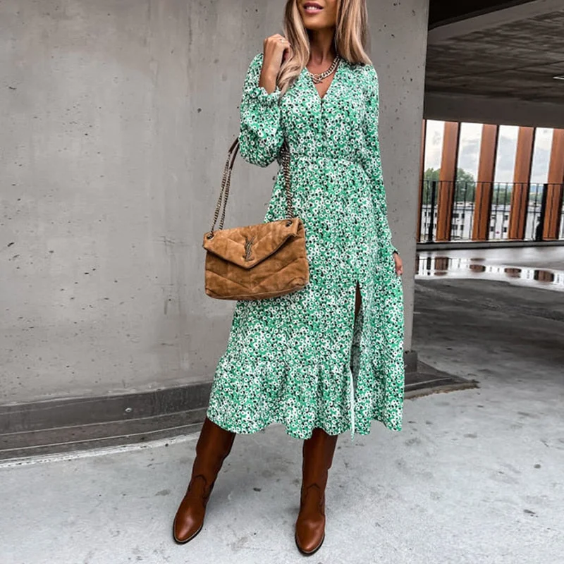 Women Floral Print V Neck Side Slit Party Dress Spring Autumn Long Sleeve Elegant Ladies Sexy Elastic Waist Slim Dress Vestidos