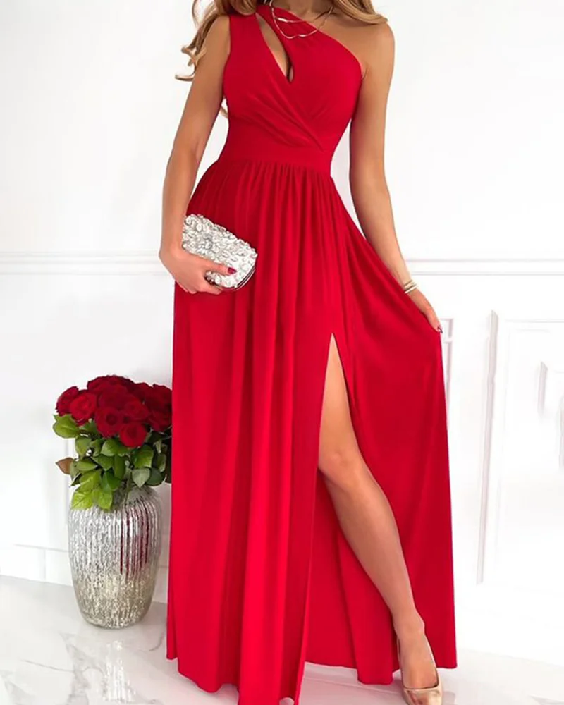 Solid color one shoulder hollow sexy slit high waist dress
