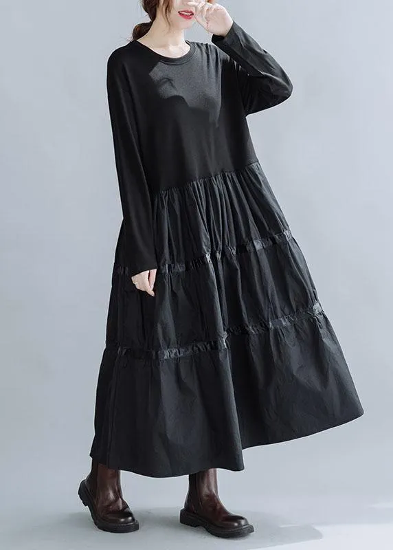 Women Black O-Neck Patchwork Cotton Dress Spring