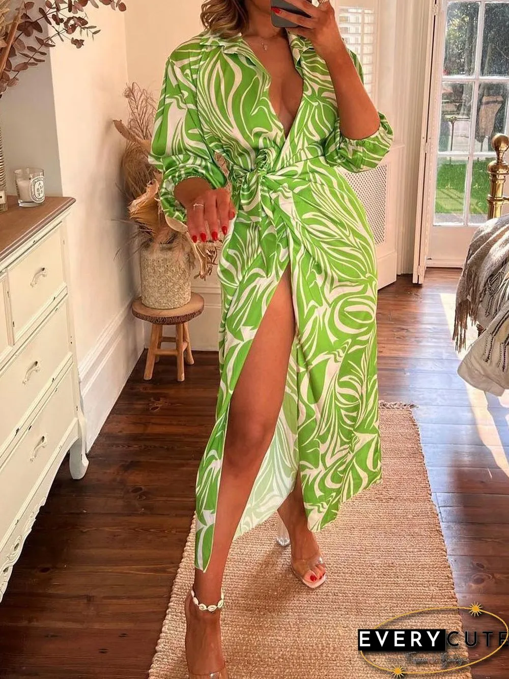 Women'S Dresses Printed Lapel Collar Long Sleeve Slit Dress