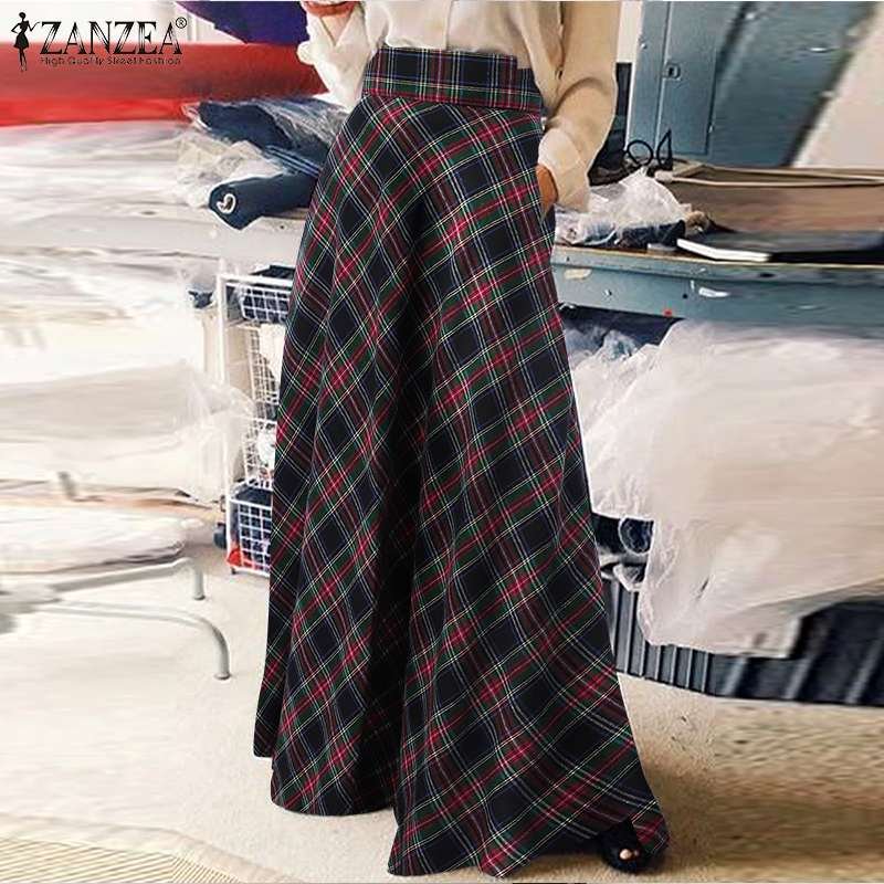 ZANZEA Fashion Women High Waist Plaid Checked Printed Skirts Elegant A-line Maxi Long Skirt Faldas Saia Female Party Jupe Skirt