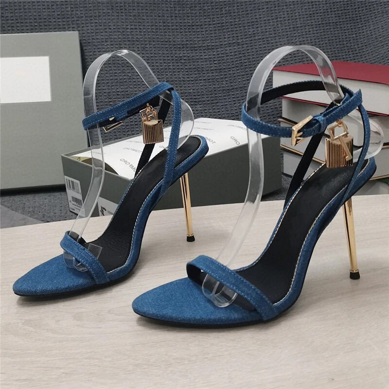 VCSHOES Metal Locked Embellished Sandals For Girls Thin High Heel Ankle Strappy Open Toe Multicolor Shoes