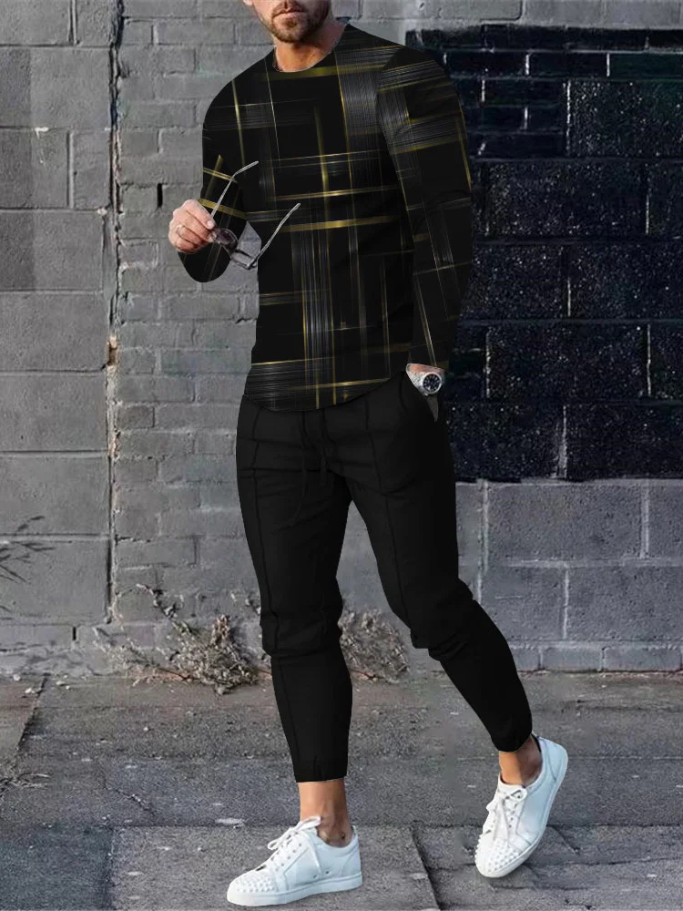 Men's fashion casual black gold geometric print long sleeve two-piece set