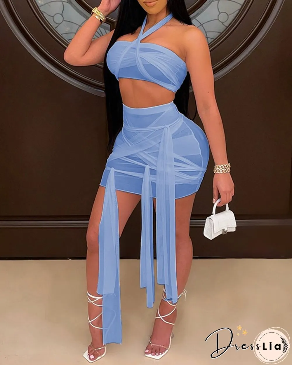 Halter Sheer Mesh Crop Top & Knotted Skirt Set