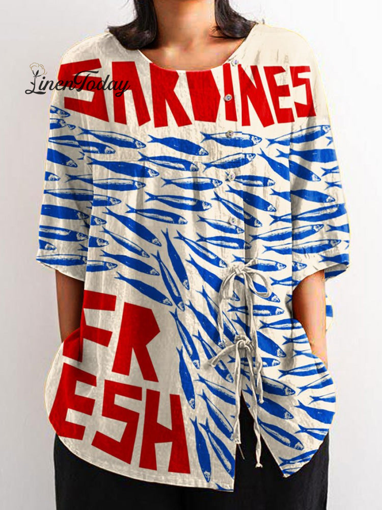 Women’s Vintage Fish Sardines Art Print Casual Cotton And Linen Shirt Multicolor / S