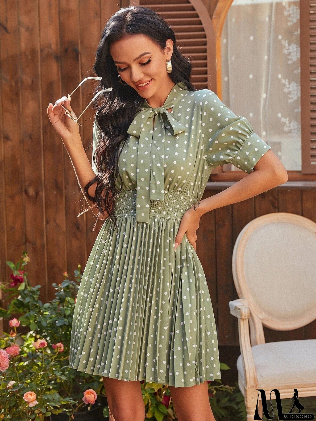 MidiSono - Polka Dot Pleated Tie Neck Smocked Waist Dress
