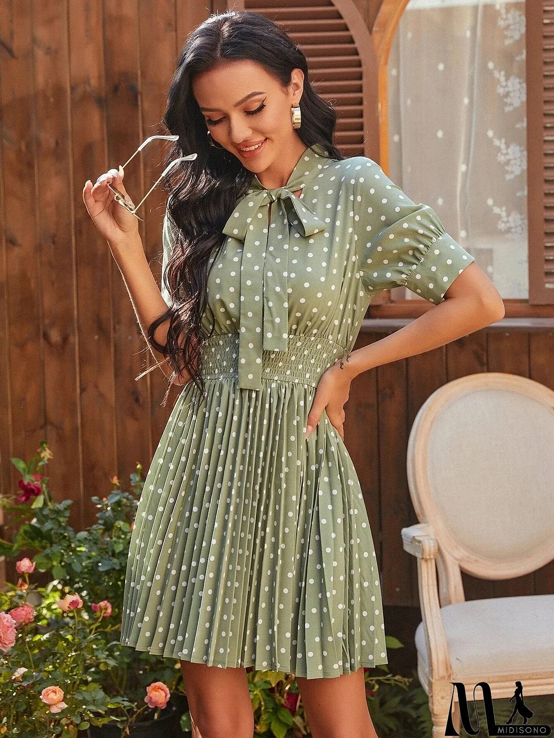 MidiSono - Polka Dot Pleated Tie Neck Smocked Waist Dress
