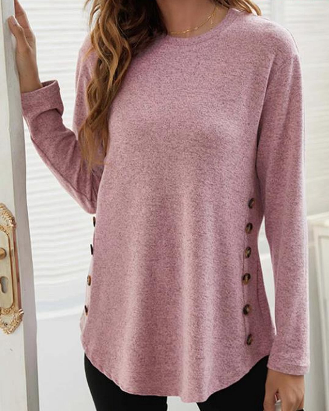 Crew Neck Solid Causal Tunic Tops