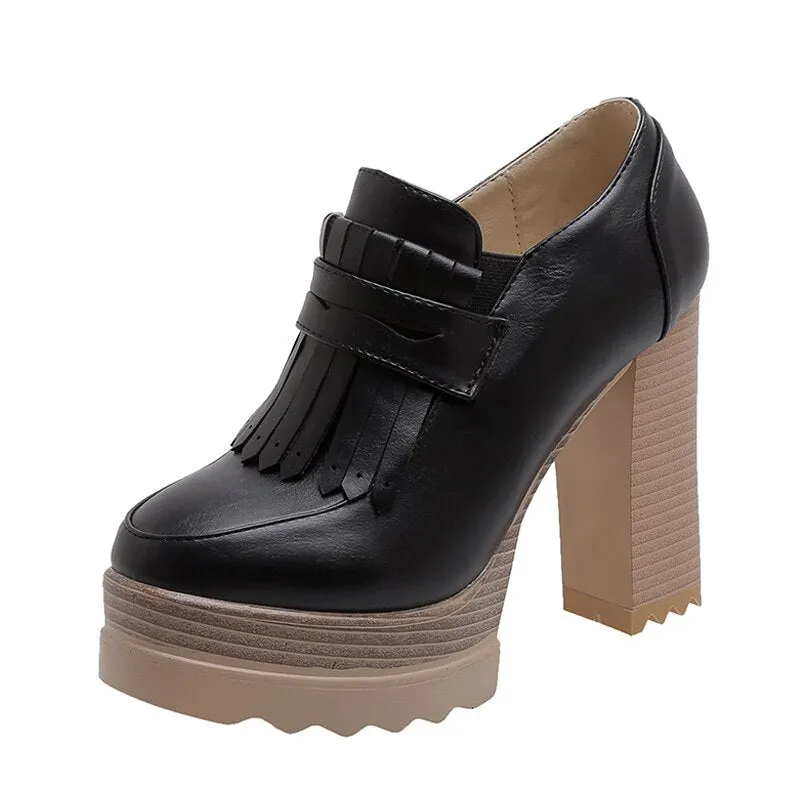 Gdgydh Spring Autumn Retro Shoes Heels Sexy Tassel Urtal High Heels Pumps Women Office Shoes Thick Platform Formal Occasions