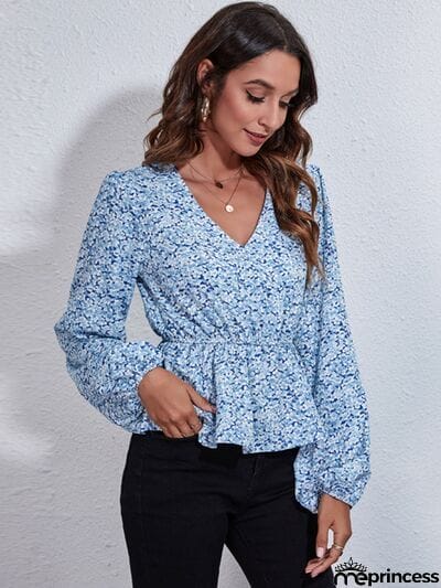 Floral V-Neck Balloon Sleeve Peplum Blouse