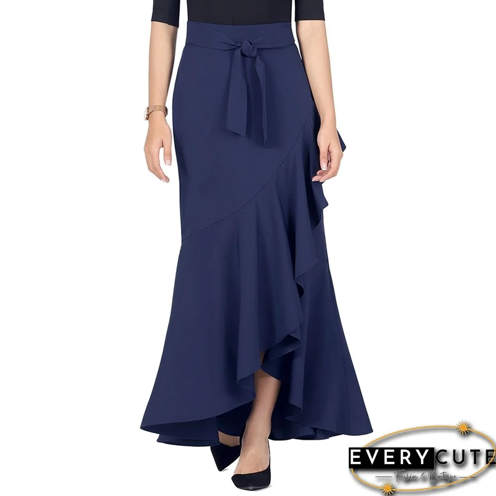 Navy Blue Tie Waist Ruffle Hem Mermaid Skirt