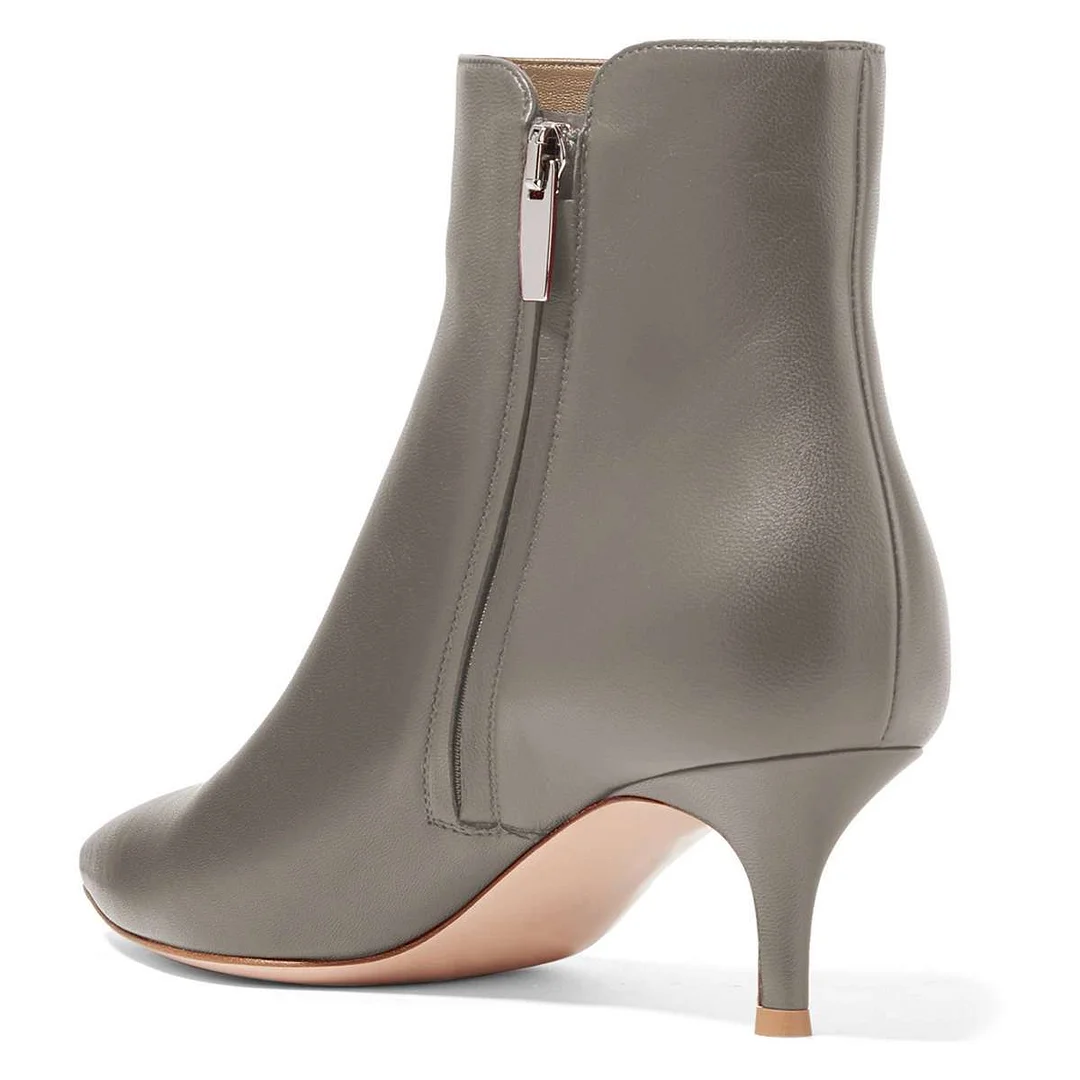 Vegan Leather Kitten Heel Side-Zip Closure Ankle Boots in Gray